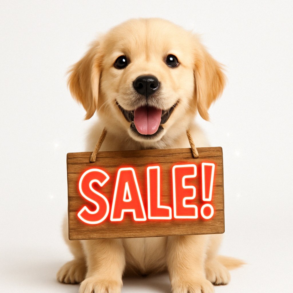 Adorable golden retriever puppy holding a wooden SALE sign in a white studio – dog toy sale promotion in Washington, D.C.