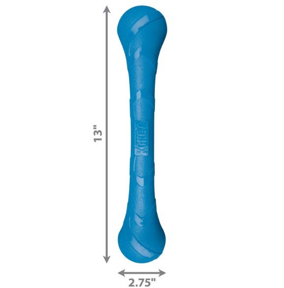 13-inch blue KONG Squeezz Stick dog toy with 2.75-inch width for medium and large breed dogs