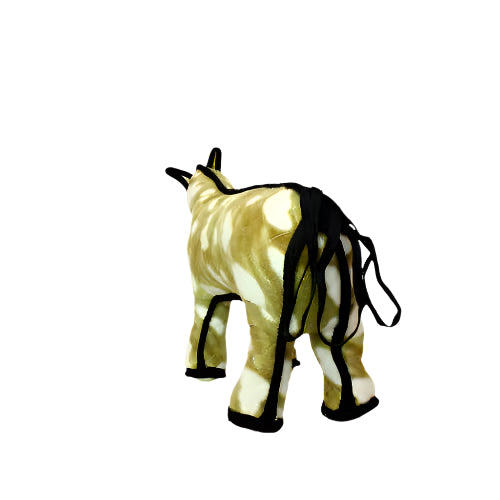 Rear view of the plush horse toy from Tuffy, showing its tail and back legs.