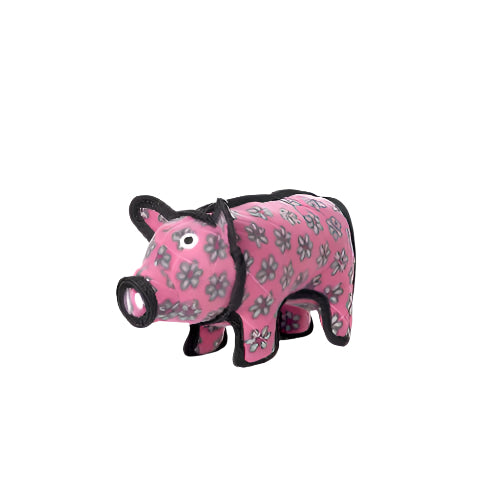 A smaller plush pig dog toy from Tuffy, featuring the same pink floral pattern and black accents.