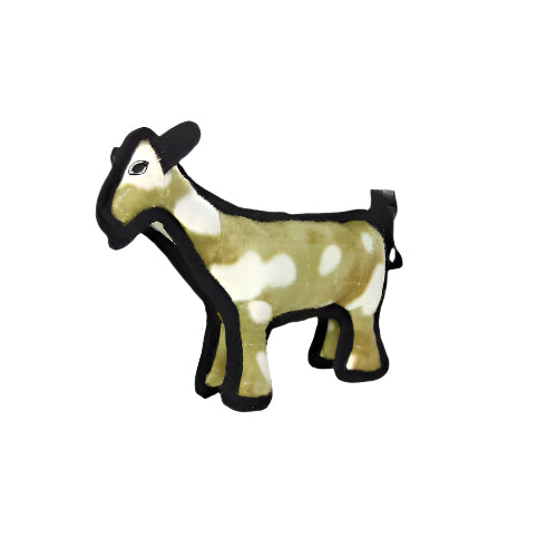 Front and side view of a small plush horse toy from Tuffy, showcasing its camouflage pattern and soft body.