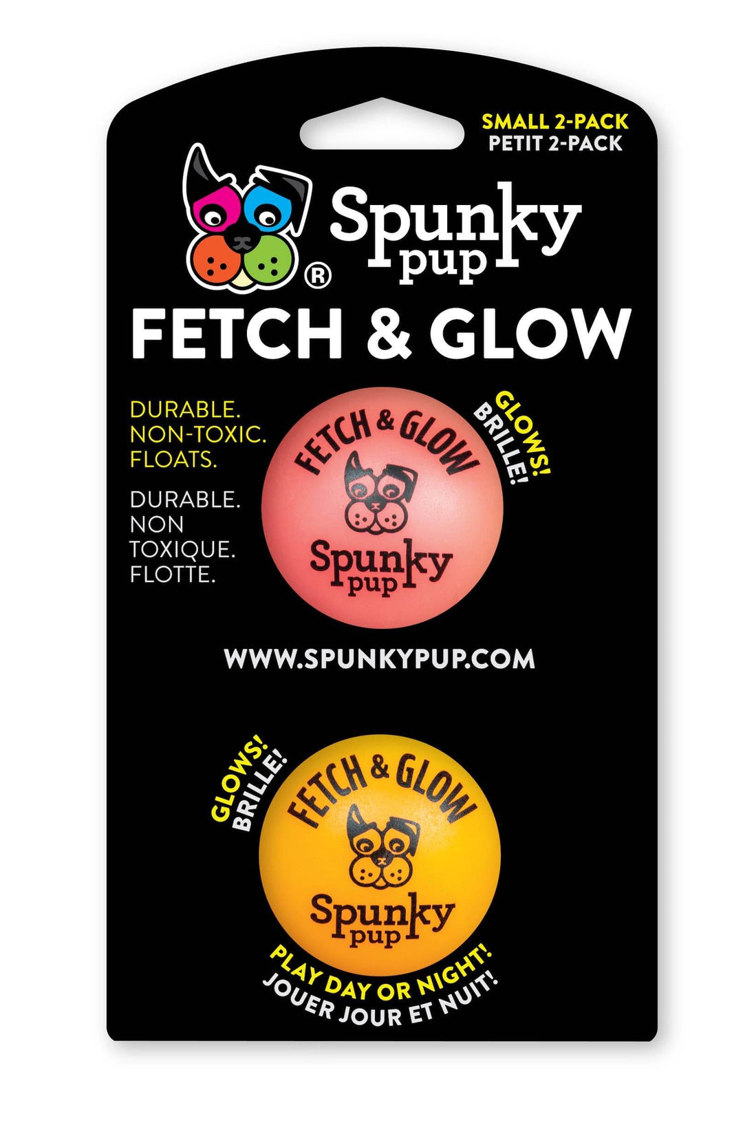 Three glow-in-the-dark dog balls with 'FETCH & GLOW Spunky Pup' text imprinted on them, shown in different colors.