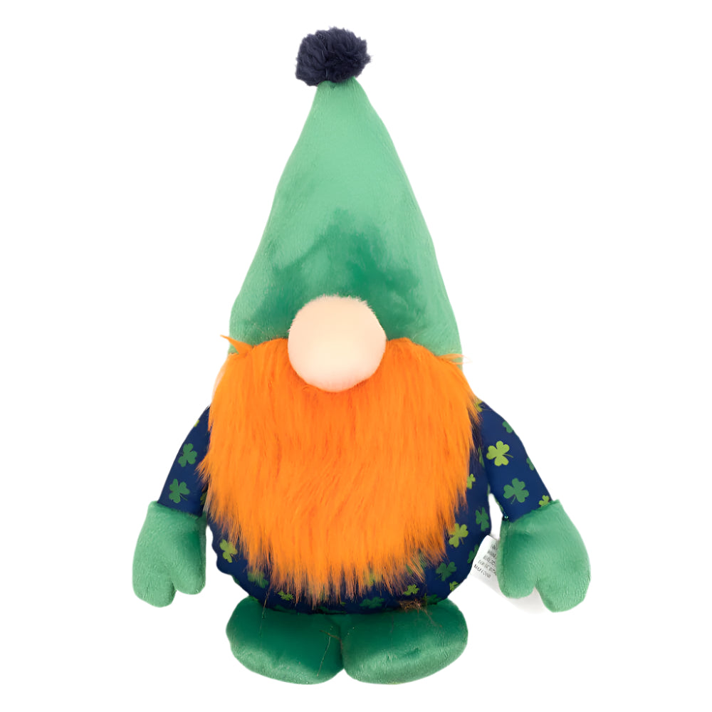 Plush gnome dog toy with a green hat, orange beard, and blue outfit adorned with green clovers, perfect for St. Patrick's Day-themed play