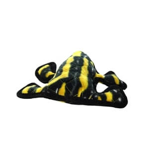 Side profile of Tuffy stingray dog toy in black and yellow with durable quilted seams