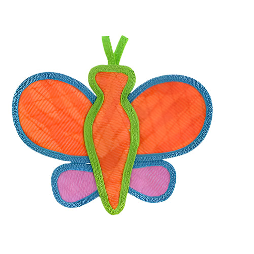 Back of plush butterfly dog toy with vibrant orange wings and purple lower wings, designed for interactive play