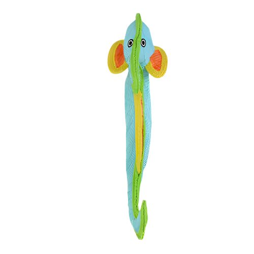 Front view of seahorse plush dog toy with stitched black eyes and vibrant orange fins