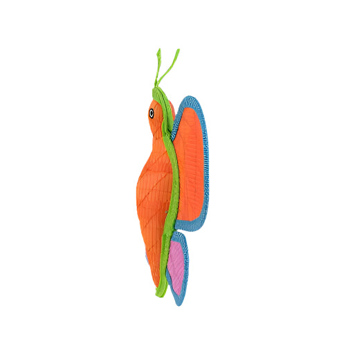Slim side profile of butterfly-shaped dog toy highlighting durable construction and fabric texture