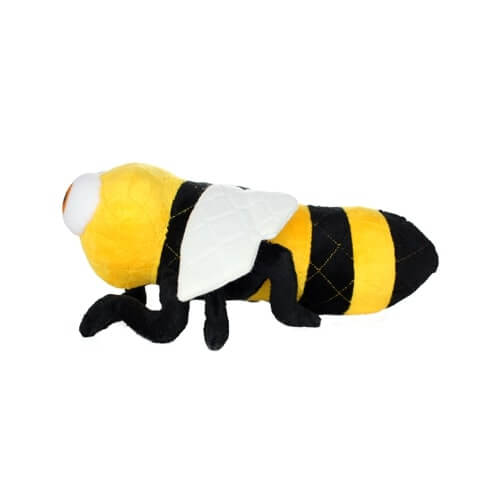 Side view of plush bee dog toy with black and yellow body, big eyes, and soft white wings.