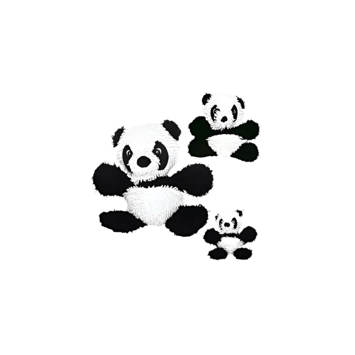 Three plush panda dog toys in small, medium, and large sizes, ideal for gentle chewers and cuddle play – soft black and white stuffed animal design.
