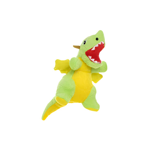 Green dragon-shaped plush dog toy with yellow wings and red mouth, isolated on white background, angled to show full body.