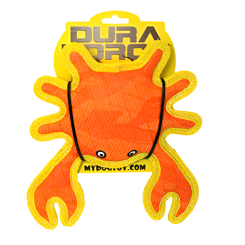 Duraforce Orange crab dog toy with yellow trim, packaged with DuraForce branding and elastic band wrap.