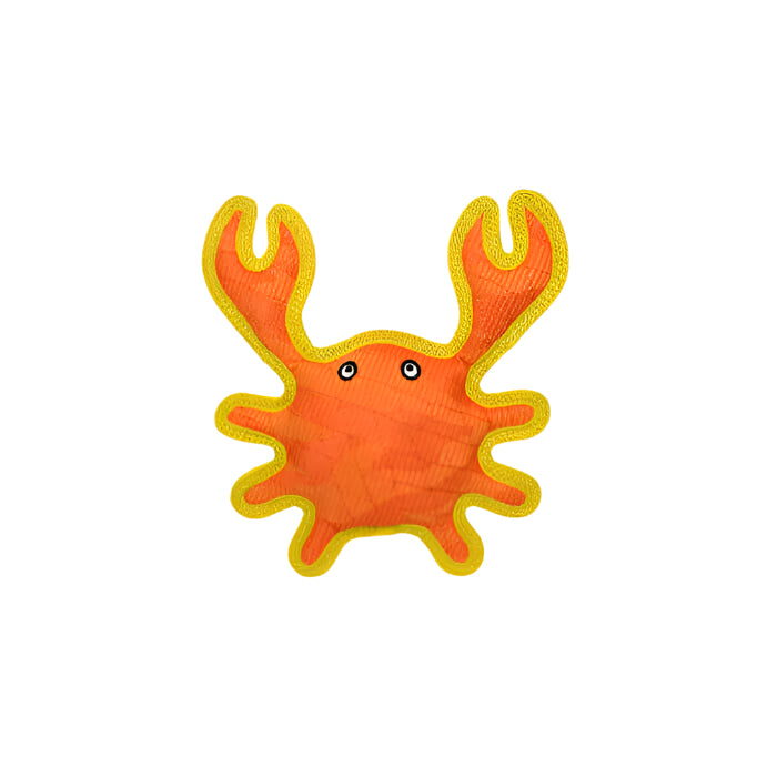 Orange crab-shaped dog toy with yellow accents on a white background
