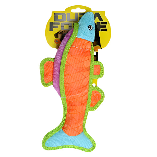 DuraForce fish dog toy in bright packaging with orange body and blue head, designed for tough chewers