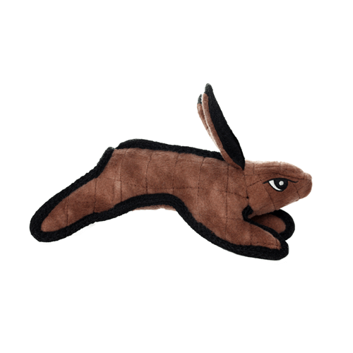 Durable brown plush rabbit dog toy by Tuffy, shown in right-side profile with black edging.