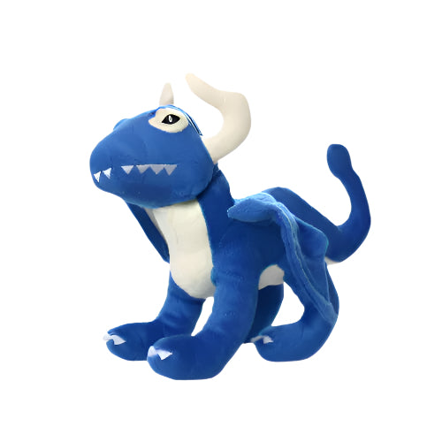 Blue plush dragon dog toy with white horns, wings, and stitched teeth, standing upright on white background