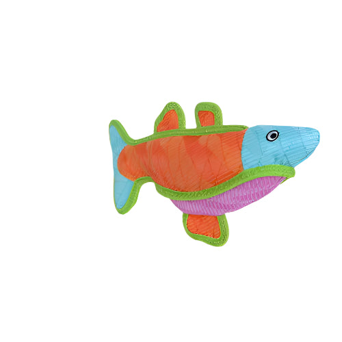 Sturdy fish-shaped dog toy with quilted fabric layers and squeaker for tug, fetch, or water play