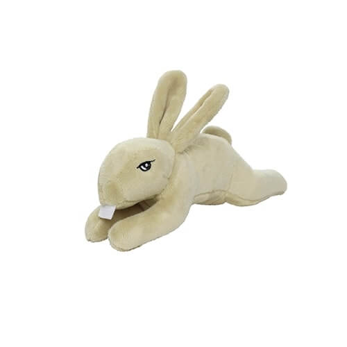 Beige plush toy resembling a rabbit on a white background