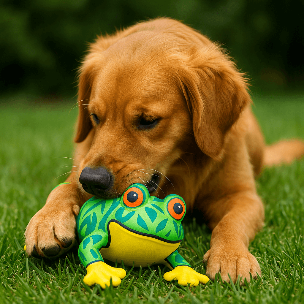 Golden retriever chewing a bright green and yellow frog-shaped dog toy on lush grass—perfect for outdoor fetch play in DC parks.