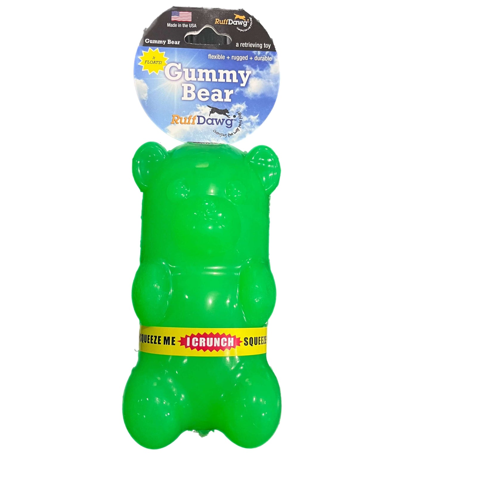 Green dog toy shaped like a gummy bear with a Ruff Dawg label on a white background
