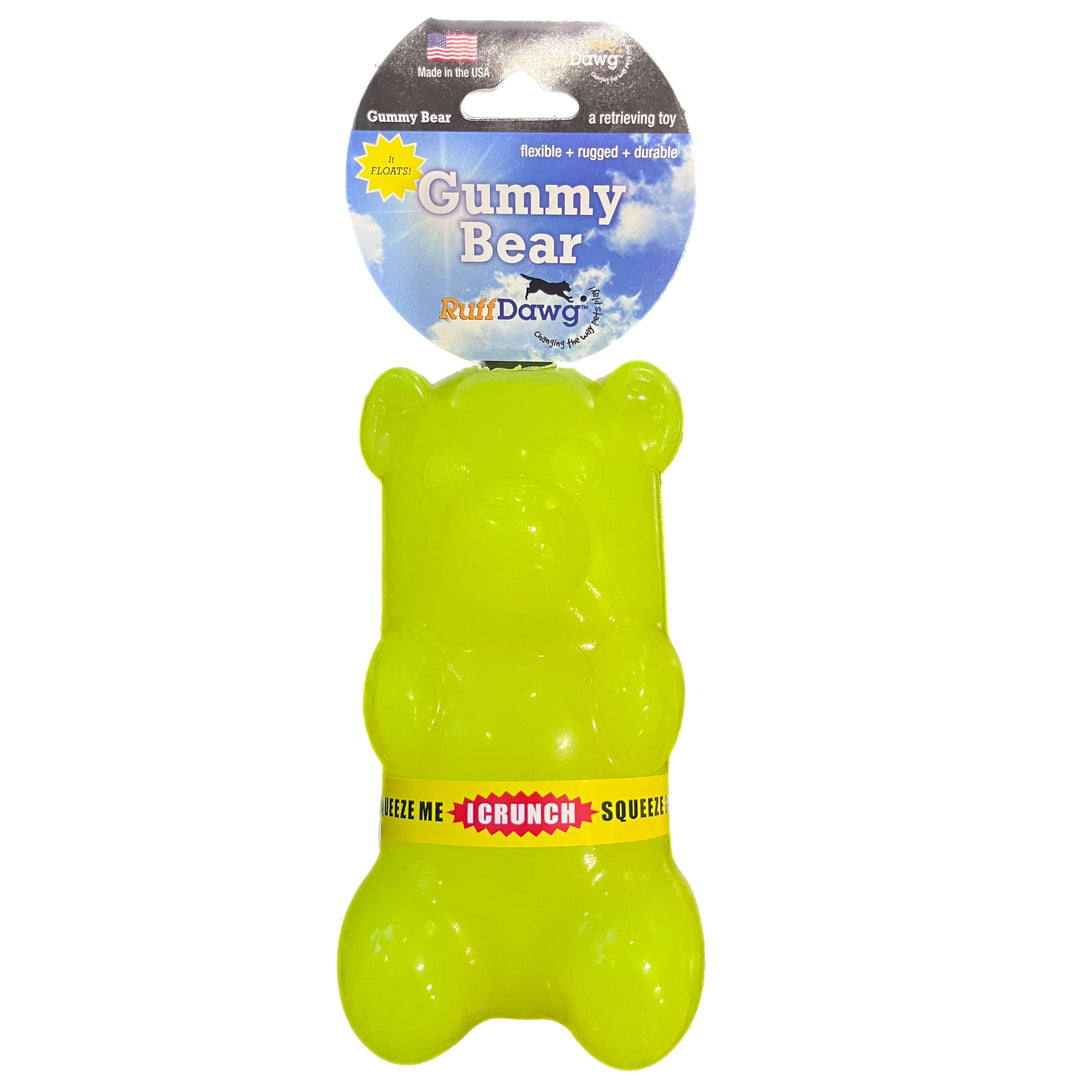 Green gummy bear-shaped dog toy with 'Ruff Dawg' packaging on a white background