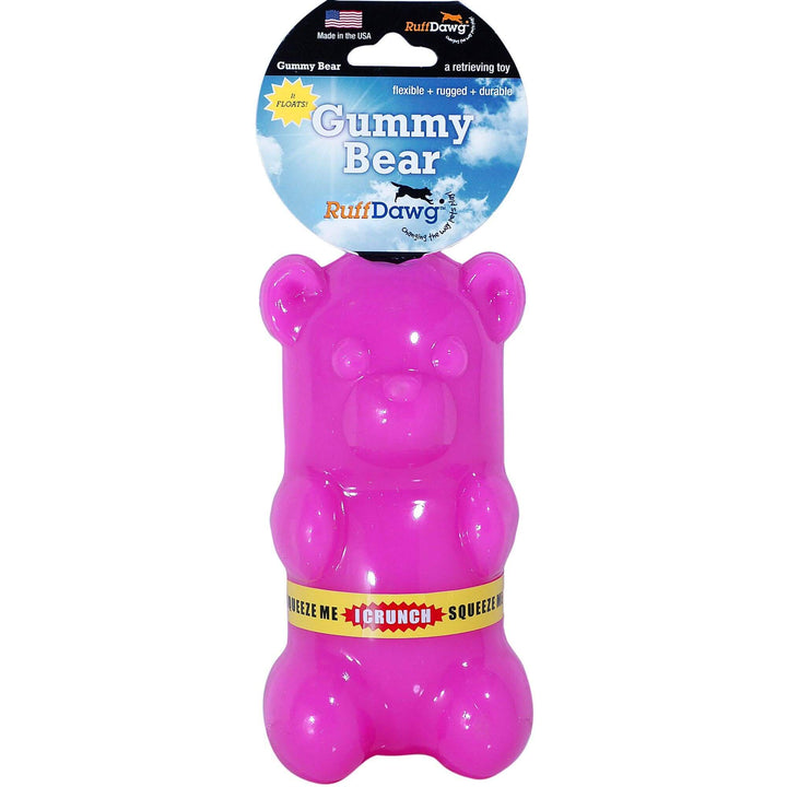 Pink dog toy shaped like a gummy bear with Ruff Dawg packaging on a white background