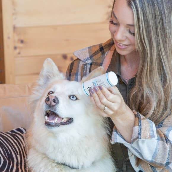 Woman applying Skout’s Honor Hydroclear Eye Wash to happy white dog, promoting gentle eye care for pets.