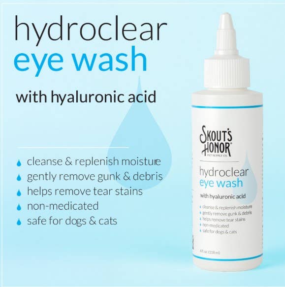 Skout’s Honor Hydroclear Eye Wash with icons listing benefits like moisture replenishment, debris removal, and tear stain reduction.