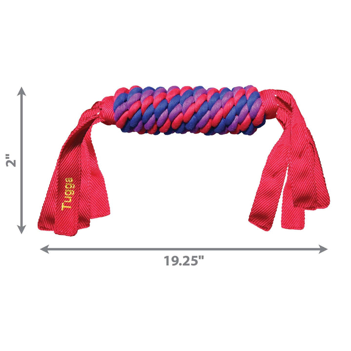 Red and purple braided dog toy with measurement details on a white background