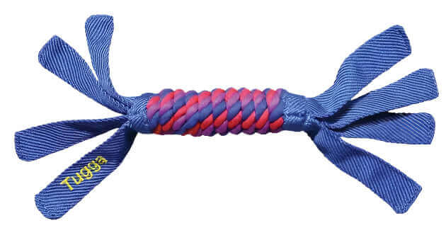 Blue and pink braided dog toy with 'Tugger' branding on a white background