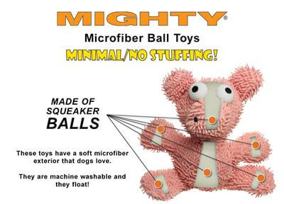 MIGHTY Microfiber Ball Dog Toy with multiple squeaker balls, labeled features include minimal stuffing, machine washable, and floatable.