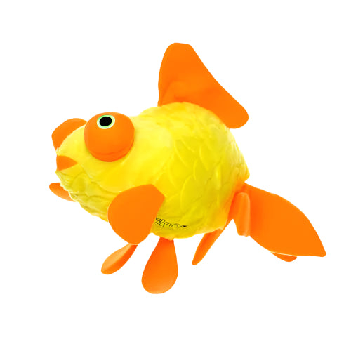 Medium plush goldfish dog toy in yellow with oversized orange fins, soft and lightweight for playful dogs.