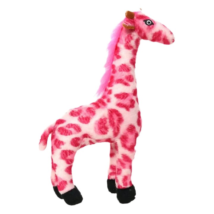 Soft pink giraffe dog toy with red leopard-style spots and black hooves.