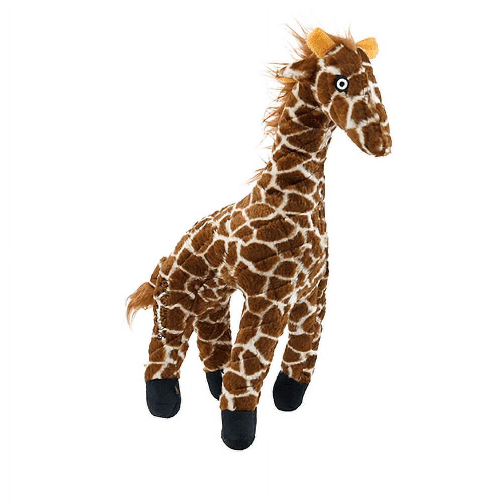Side angle of soft giraffe dog toy with black hooves and stitched eyes.