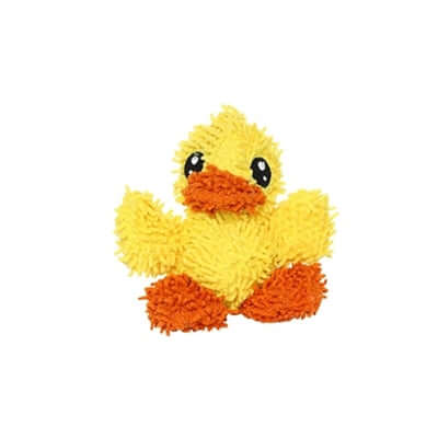 Small microfiber duck dog toy in yellow and orange, designed for gentle play.