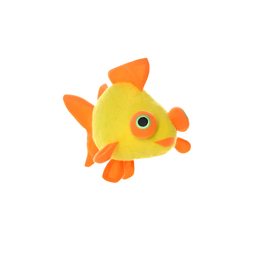 Small plush goldfish dog toy with bright orange fins and yellow body, ideal for tiny dogs and puppies.