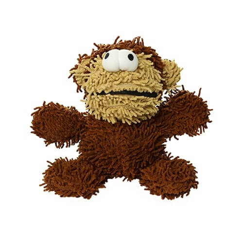 Front view of plush monkey dog toy with wide eyes and soft microfiber texture for gentle indoor play.