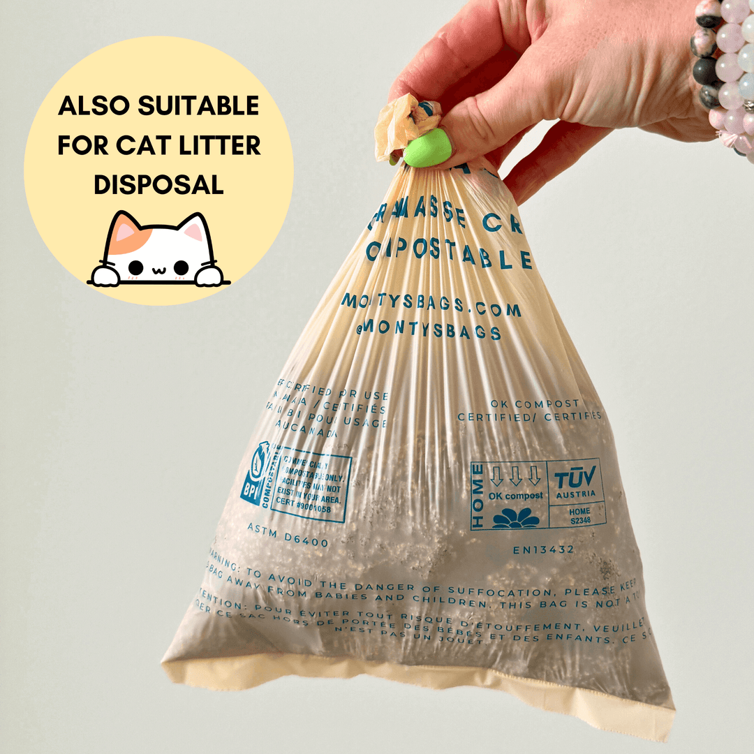 Hand holding Monty's compostable bag, labeled eco-friendly and suitable for cat litter disposal, with certifications for home composting.