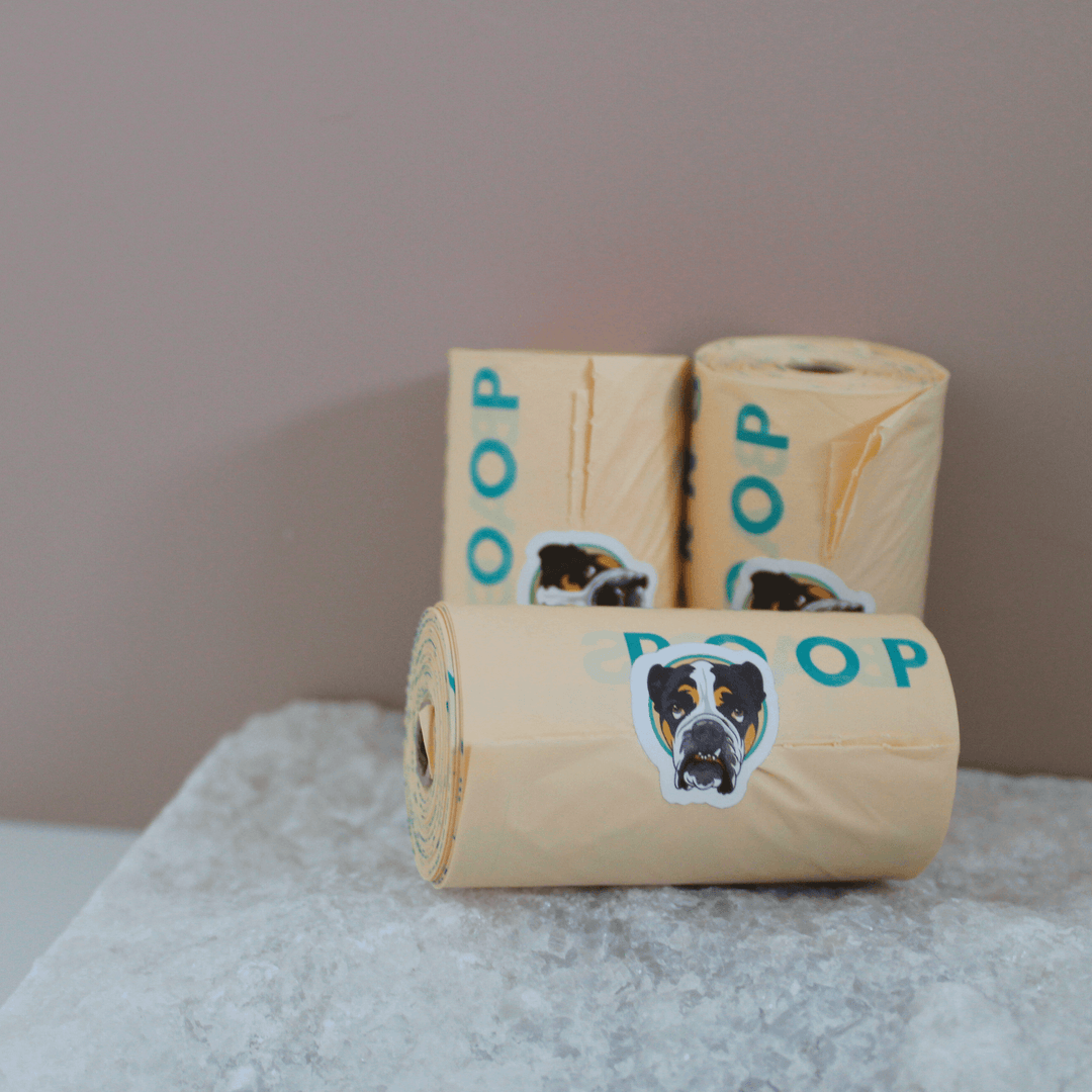 Three rolls of Monty's compostable poop bags with dog illustrations, placed on a stone surface, designed for eco-friendly pet waste disposal.