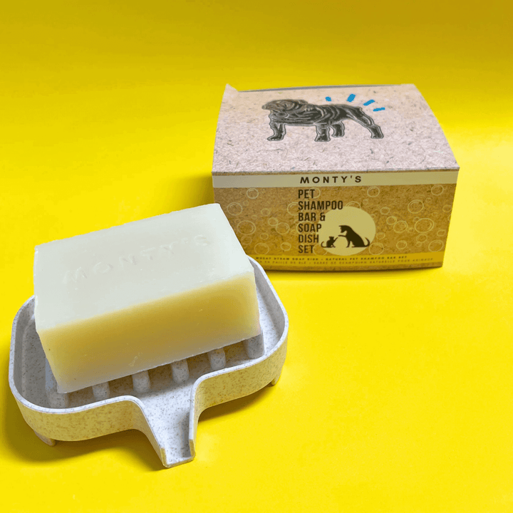 Monty's natural pet shampoo bar placed in a soap dish with eco-friendly packaging on a bright yellow background, perfect for pet grooming.