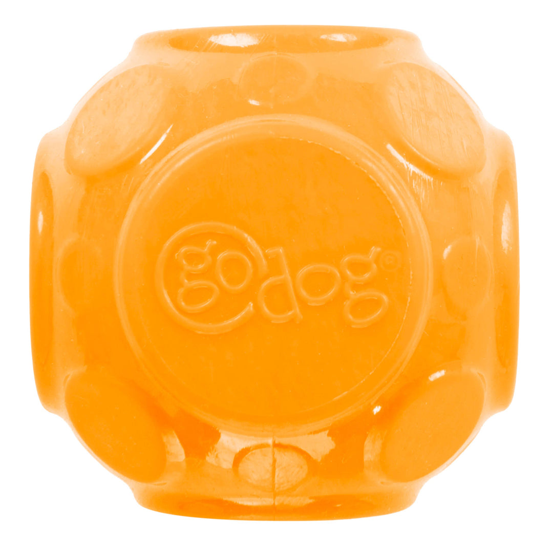 Orange GoDog Silent Squeak dog ball with textured pattern, designed for durable and quiet play.