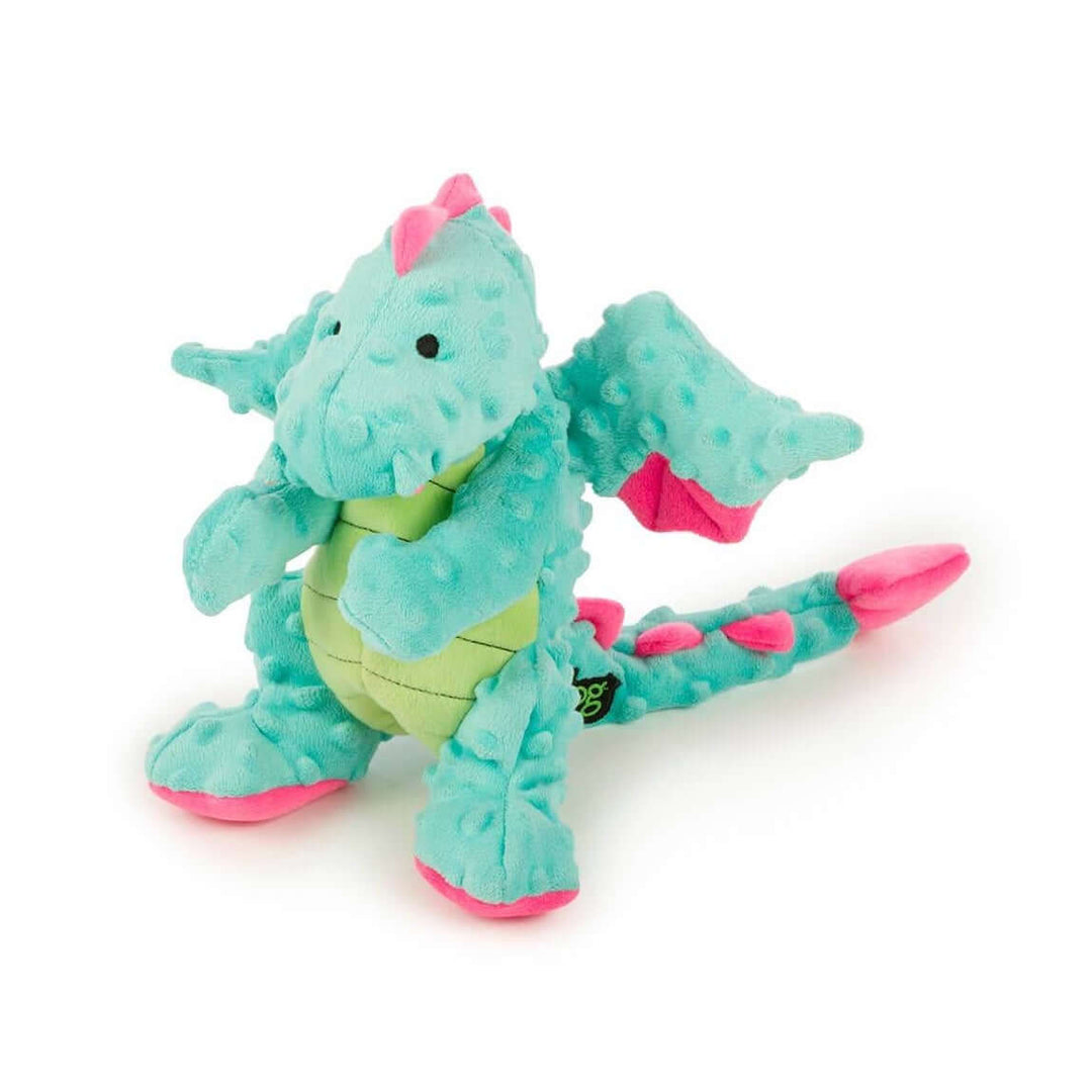 Pastel green plush dragon dog toy with pink accents and textured wings, soft chew toy for small to medium dogs