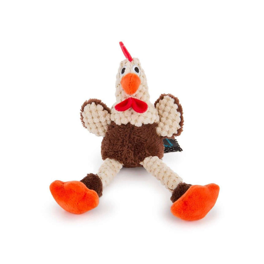 Soft plush chicken dog toy with orange feet and red comb, made for gentle play and small to medium dogs