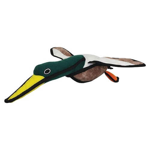 Plush mallard duck dog toy with yellow beak, green head, and brown wings on a white background.