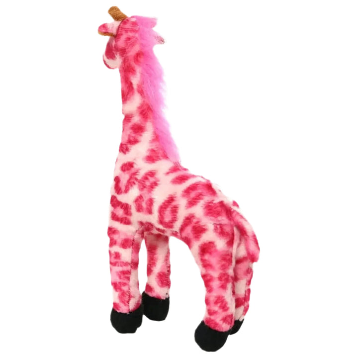 Back view of pink plush giraffe dog toy with fuzzy mane and spotted pattern.