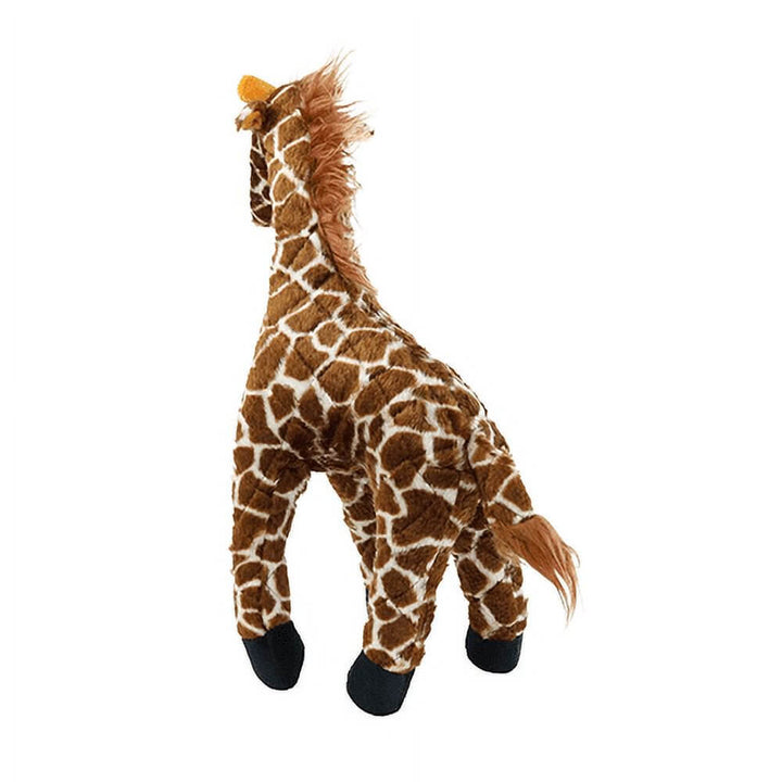 Back view of durable giraffe plush dog toy with fluffy brown tail and mane.