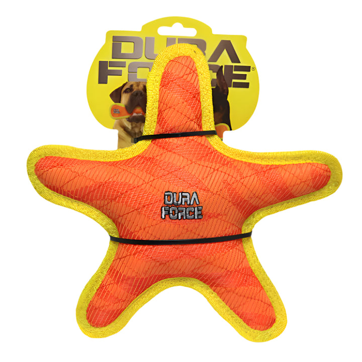 DuraForce starfish dog toy in orange with yellow trim, displayed in retail packaging.