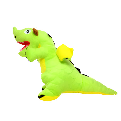 Side view of green dragon plush dog toy with yellow wings, black scale details, and red open mouth, on white background.