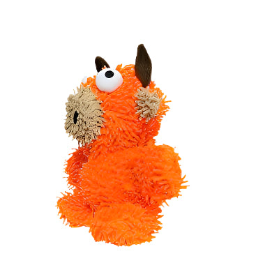 Side view of plush orange bull dog toy showing textured microfiber body and upright horns