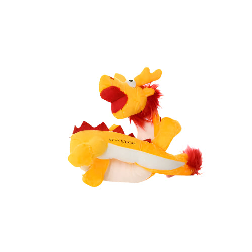 Side profile of plush dragon dog toy showing curled body, red spines, and playful embroidered expression.