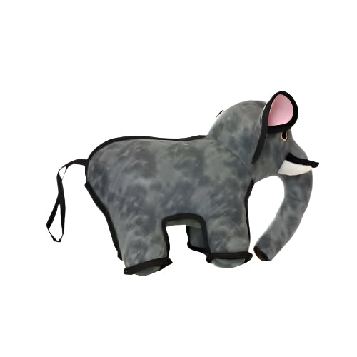 Side view of a plush gray elephant dog toy with black trim, pink inner ears, and a curled trunk, made for durable pet play.